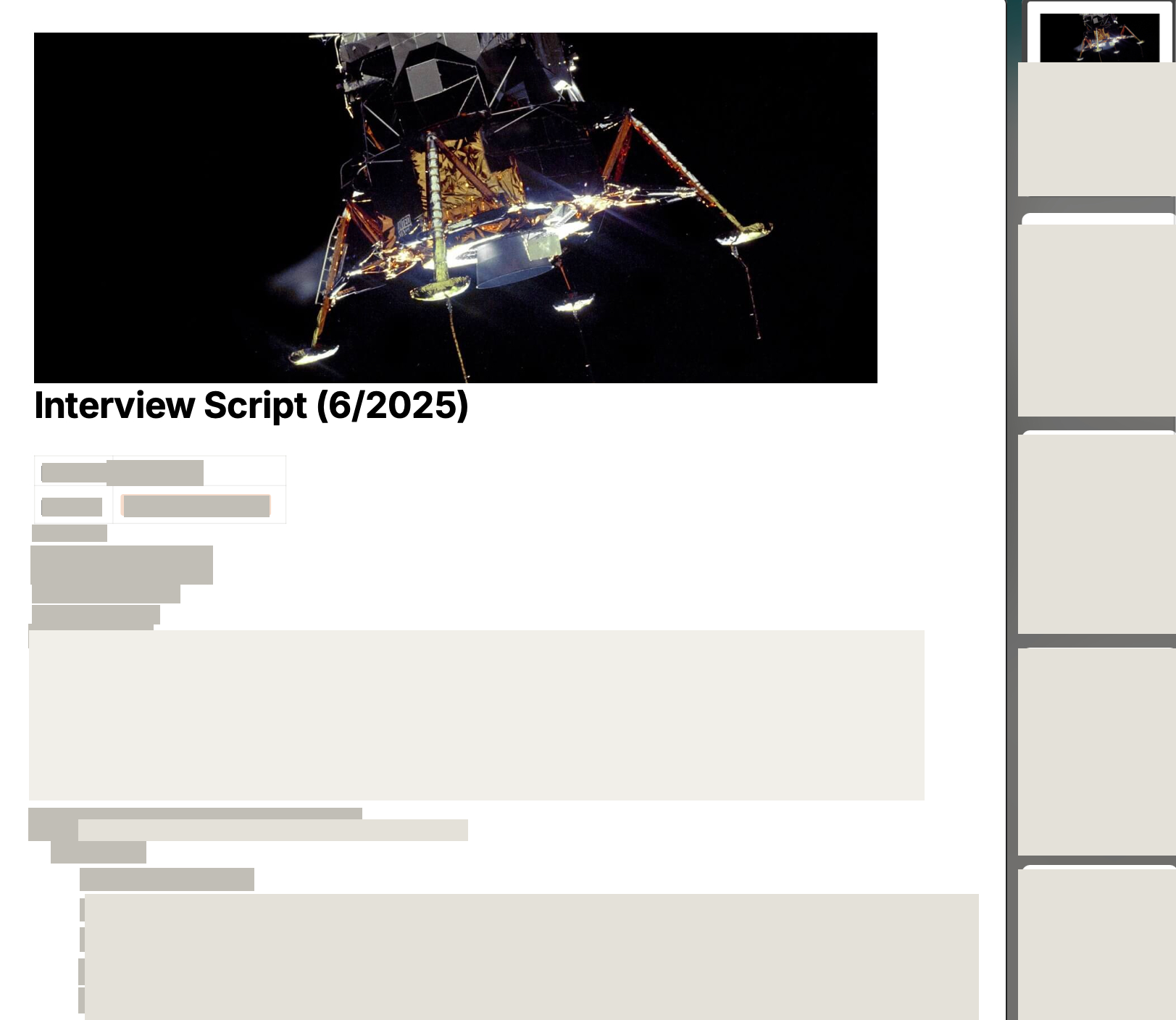 Original interview script overview, with prompts and identifying details withheld